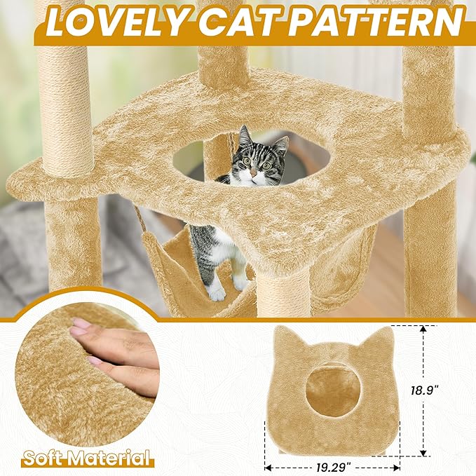 55 Inch Large Cat Tree Tower for Indoor Cats with Hammock Green Leaves Sisal Scratching Post, Plush Hang Ball Play Furniture for Kittens & Adult Cats, New Beige-PawvioPets