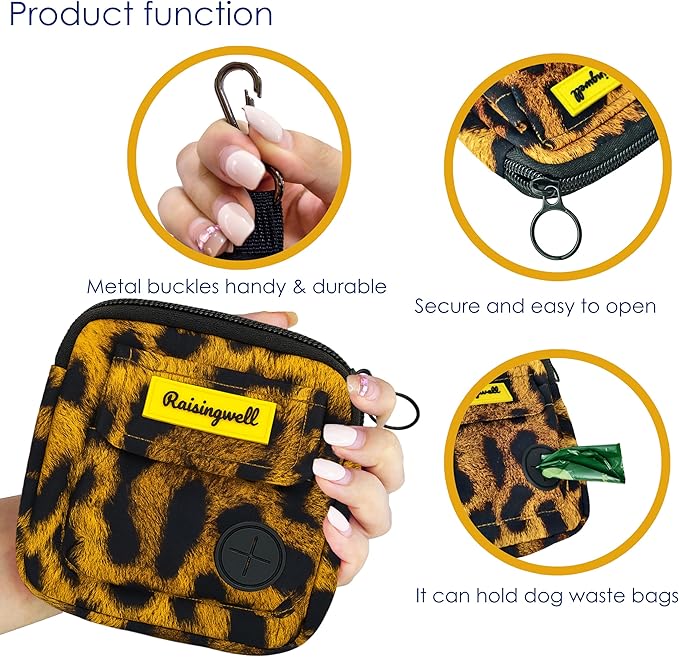 Dog Treat Pouch for Pet Walking and Training with Clicker Poop Bags and Double Bag Design Small Fanny Zipper Pack Holder for Puppy Snack Dispenser Kit for Leash and Outdoor Use Leopard Print-PawvioPets