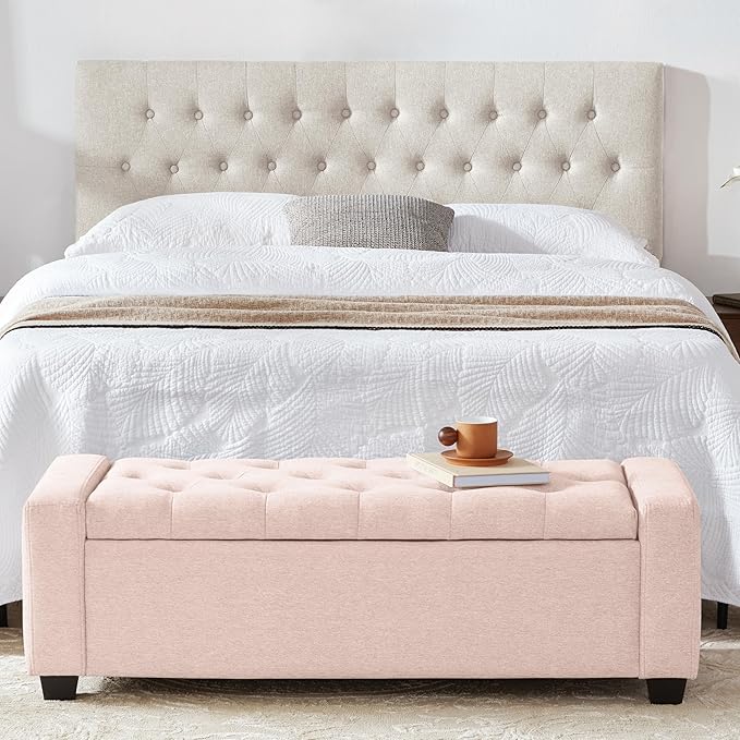 48" Ottoman with Storage, Pink Storage Ottoman Bench with Safety Hinge, Upholstered Entryway Bench with Seating for Bedroom, Living Room, Holds up to 330 lb-PawvioPets