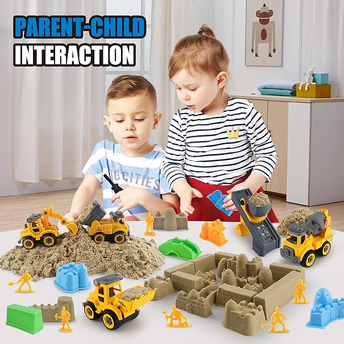 Construction Sandbox with Lid - 4 Vehicles with 1 Conveyor, 8 Castle Molds, 6 Figures & 3lbs Moldable Sand - Preschool Sensory Bin for Fine Motor Skills, Ages 3-6-PawvioPets