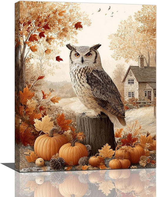Fall Owl Wall Art Autumn Pumpkin Leaves Wall Decor Rustic Canvas Print Farmhouse Pictures Painting Print Framed Artwork Decorations Gifts for Living Room Bathroom Bedroom Office 16"x20"-PawvioPets