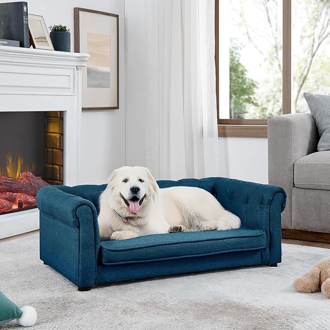 Dog Sofa Couch for Medium to Large Dogs, 31" Memory Foam Dog Couch with Washable Fabric, Removable Cushion, Sofa Bed for Medium and Large Dogs, Blue-PawvioPets