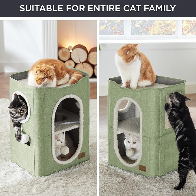 Bedsure 2 Story Cat House - Cat Condos for Indoor Cats with Scratch Pad and Fluffy Ball Hanging, Small Pet Cave Furniture Hideaway for Multi Pets, 18x14x23 inches, Green-PawvioPets