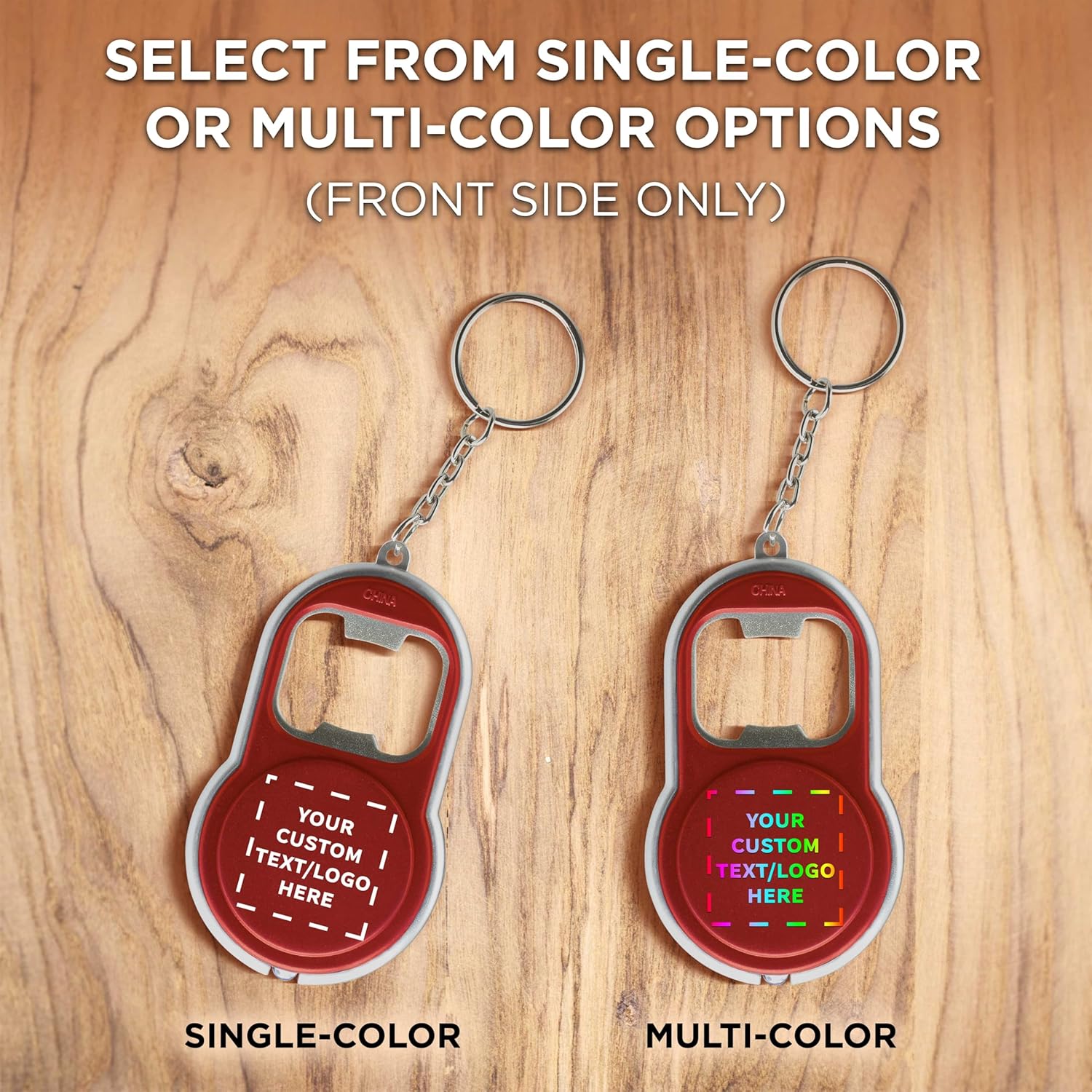 DISCOUNT PROMOS Custom Bottle Opener & LED Keychains Set of 100, Personalized Bulk Pack - Perfect for Tradeshows, Party Favors, Other Events - Red