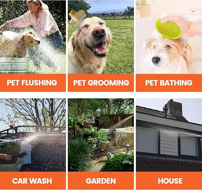 Dog Washing Hose Attachment, 10-in-1 Soap Sprayer Moden Garden Hose Nozzle with 100cc Soap Dispenser, Dog Wash Supplies with Dog Bath Brush & Pet Comb, Foam Gun Car Wash Sprayer (Orange)-PawvioPets