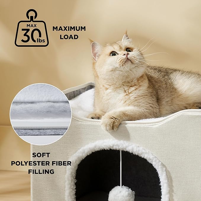 Bedsure Cat Beds for Indoor Cats - Large Cat Cave for Pet Cat House with Fluffy Ball Hanging and Scratch Pad, Foldable Cat Hideaway, 16.5x16.5x13 inches, Ivory-PawvioPets