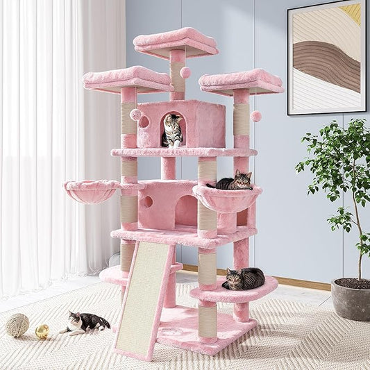 Allewie 68 Inches Cat Tree/House and Towers for Big Feline/Scratching Post/Multi-Level Large Kitty Climbing Tree with Condo/Pink-PawvioPets