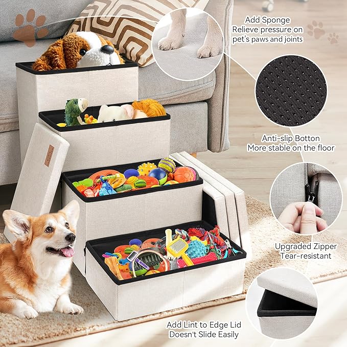 Dog Stairs with Storage 23" H, 4-Step Wider Dog Steps for High Beds Window, Folding Sturdy Pet Stairs Gift for Small/Medium/Large Old Dogs Cat, Ramp for Climbing Car Up to 200 lbs, Beige-PawvioPets