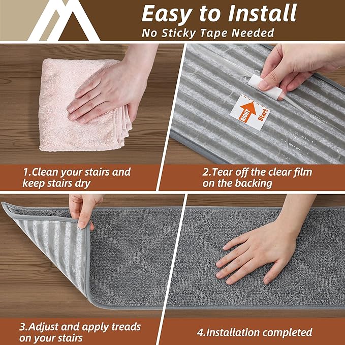 COSY HOMEER Stair Treads for Wooden Steps 9"x28" Washable Indoor Carpet Stair Treads Non Slip Soft Polyester Stair Carpet Tread Reusable Stair Runner Rugs for Kids, Elders,Pets,Medium Grey,4pcs-PawvioPets
