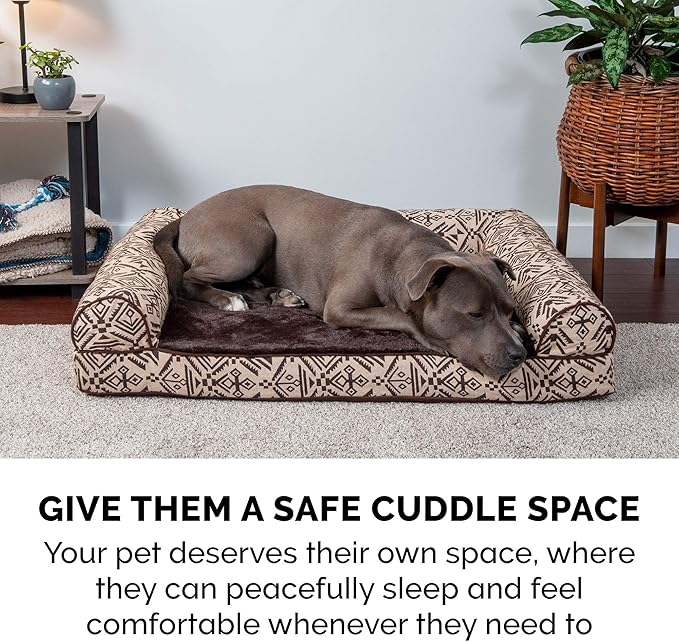 Furhaven Orthopedic Dog Bed for Large/Medium Dogs w/ Removable Bolsters & Washable Cover, For Dogs Up to 55 lbs - Plush & Southwest Kilim Woven Decor Sofa - Desert Brown, Large-PawvioPets