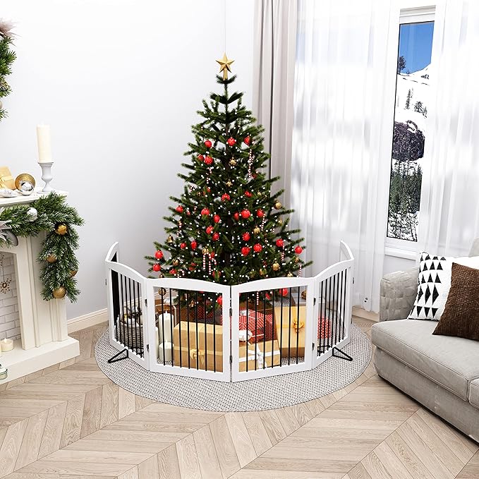 Freestanding Pet Gate for Dogs, Foldable Wooden Dog Gate for House, Extra Wide Indoor Pet Barrier for Stair, Doorway, Hall, Support Feet Included, 120 Inch Wide, 6 Panels 24", White-PawvioPets