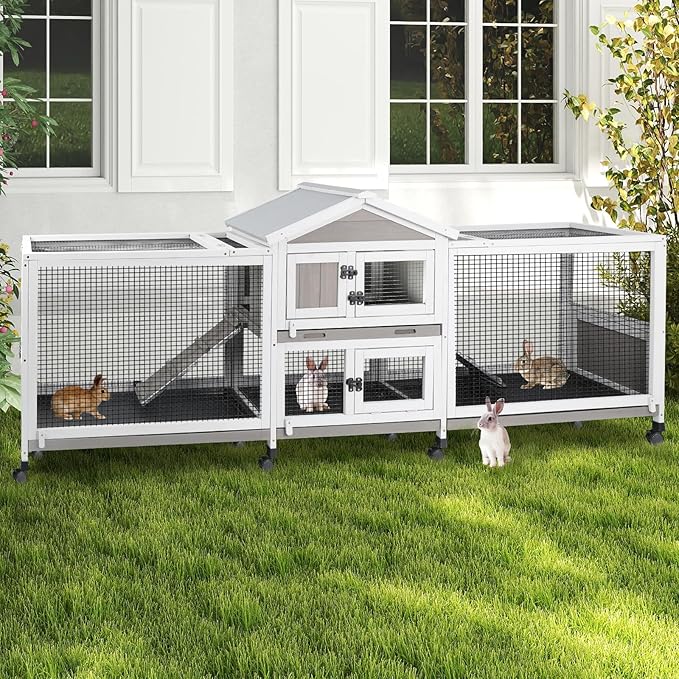 Double Rabbit Hutch Outdoor Indoor Large Bunny Cage with Dual Side Runs, 2-Story Wooden Hutch with 4 Leak Proof Trays, 8 Wheels, Waterproof Roof, Ramp, for Small to Medium Animals-PawvioPets