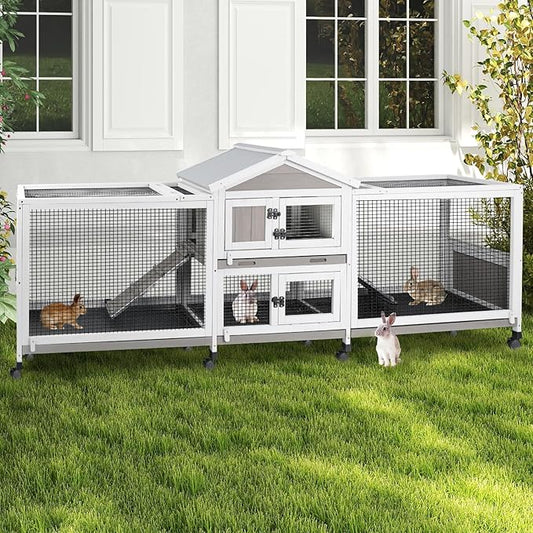 Double Rabbit Hutch Outdoor Indoor Large Bunny Cage with Dual Side Runs, 2-Story Wooden Hutch with 4 Leak Proof Trays, 8 Wheels, Waterproof Roof, Ramp, for Small to Medium Animals-PawvioPets