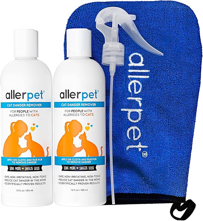 Allerpet Cat Dander Remover w/Free Applicator Mitt & Sprayer - Effective Cat Dander Reduction - Anti Allergen Solution Made in USA - 2 Pack (12oz)-PawvioPets