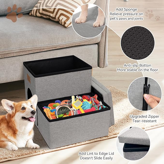 Dog Stairs 15" H, 2-Step Wider Dog Steps for Small/Medium/Large Old Dogs Cats, Folding Sturdy Storage Pet Stairs Climbing Bed Couch, Dog Ramp for Car Hold Up to 150 lbs(Gray, with Condo)-PawvioPets