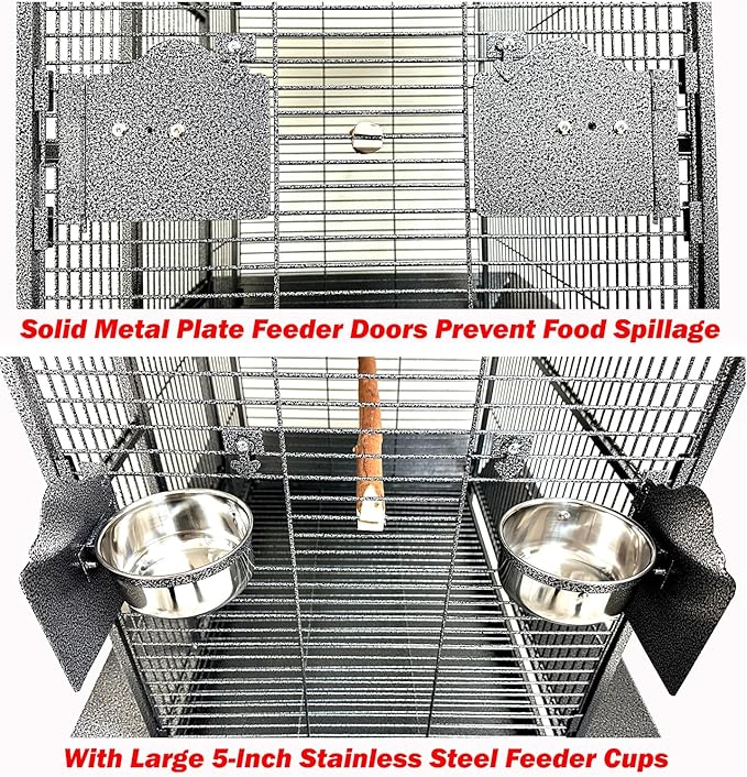 Extra Large Elegant and Durable Wrought Iron Climbing Ladder Perch Stand Play Top Ground Bird Parrot Metal Cage Around Seed Guard Storage Shelf with Heavy Duty Lockable Rolling Wheels-PawvioPets
