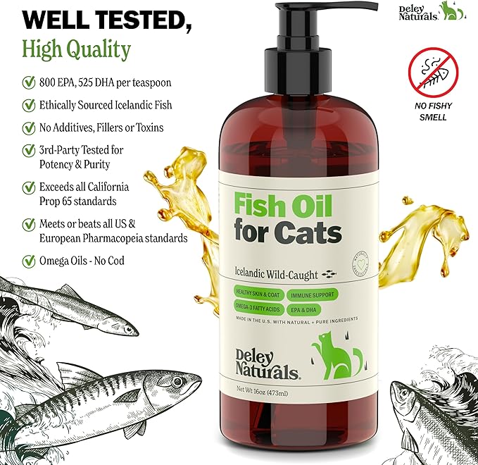 Deley Naturals Wild Caught Fish Oil for Cats with 2X Omega - Cat Fish Oil with Highest EPA & DHA Potency - Omega 3 for Cats for Shedding, Skin, Coat, Joints, Heart and Immune System - Made in The USA-PawvioPets