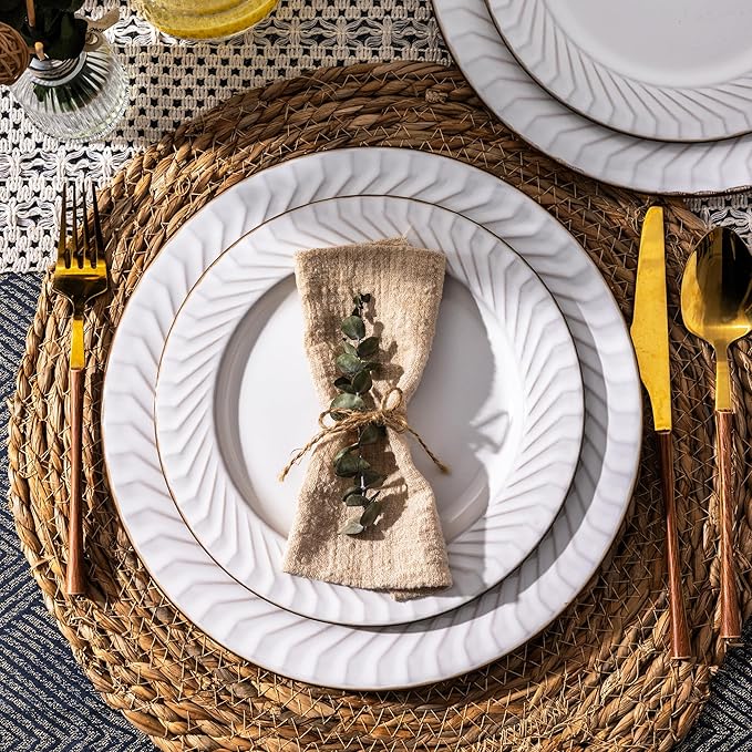 GBHOME Ceramic Dinnerware Sets,12 pcs Embossed Elegant Stoneware Plates and Bowls Sets, Housewarming Wedding Gift | Dishwasher & Microwave Safe | Dishes Set Service for 4-PawvioPets