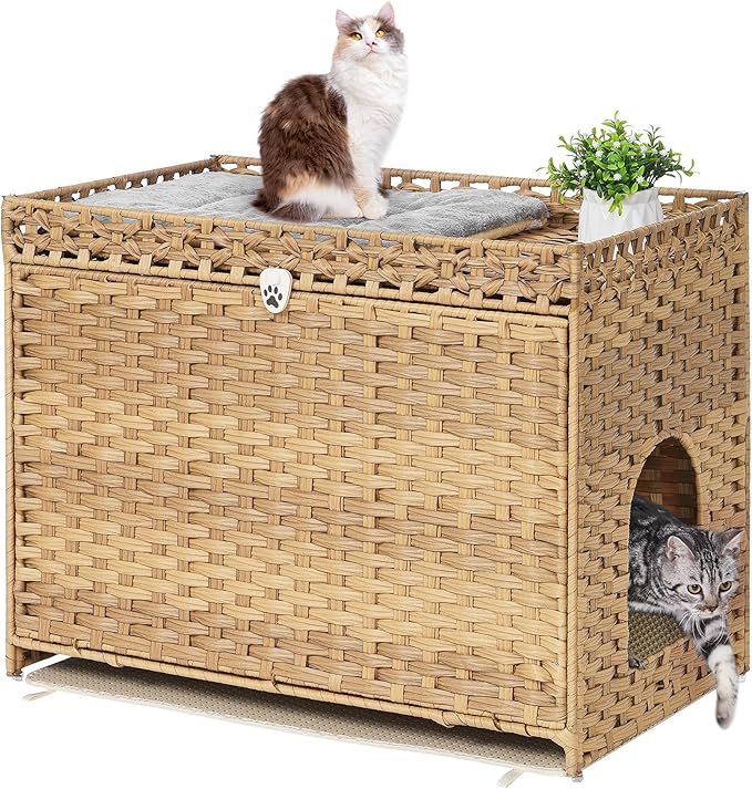 Cat Litter Box Enclosure with Soft Litter Mat; Hidden Cat Washroom Furniture with Door; Handwoven Rattan Kitten House with Large Space; Pet Crate for Living Room, Bedroom, Balcony (Natural)-PawvioPets
