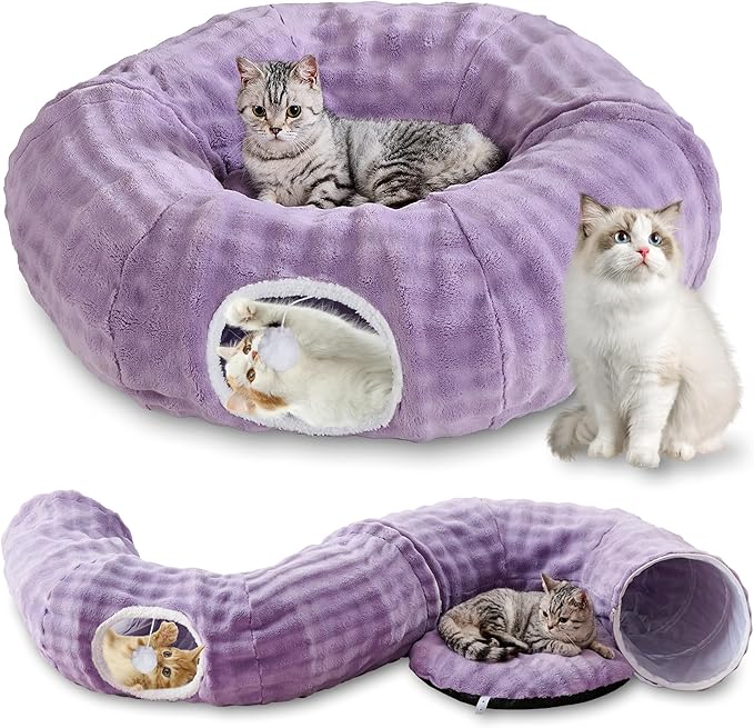 Bubble Cat Tunnel for Indoor Cats, Round Peekaboo Cave Toy with Dangling Balls, Donut Tunnel Bed with Circle Mat for Puppy Kitten Rabbit, Dusty Purple-PawvioPets
