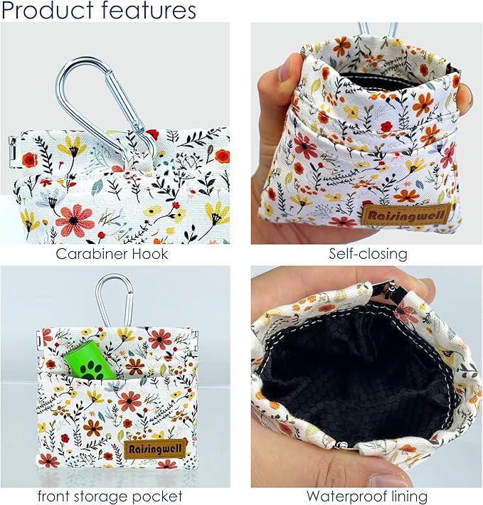 Dog Treat Pouch, Small Cotton Pocket Sized Training Holder, Hand Free Walking Funny Bag with Carabiner, Self-Closing Pet Feed Snack Reward, Behavior Aids for Puppy Travel or Outdoor Use-PawvioPets