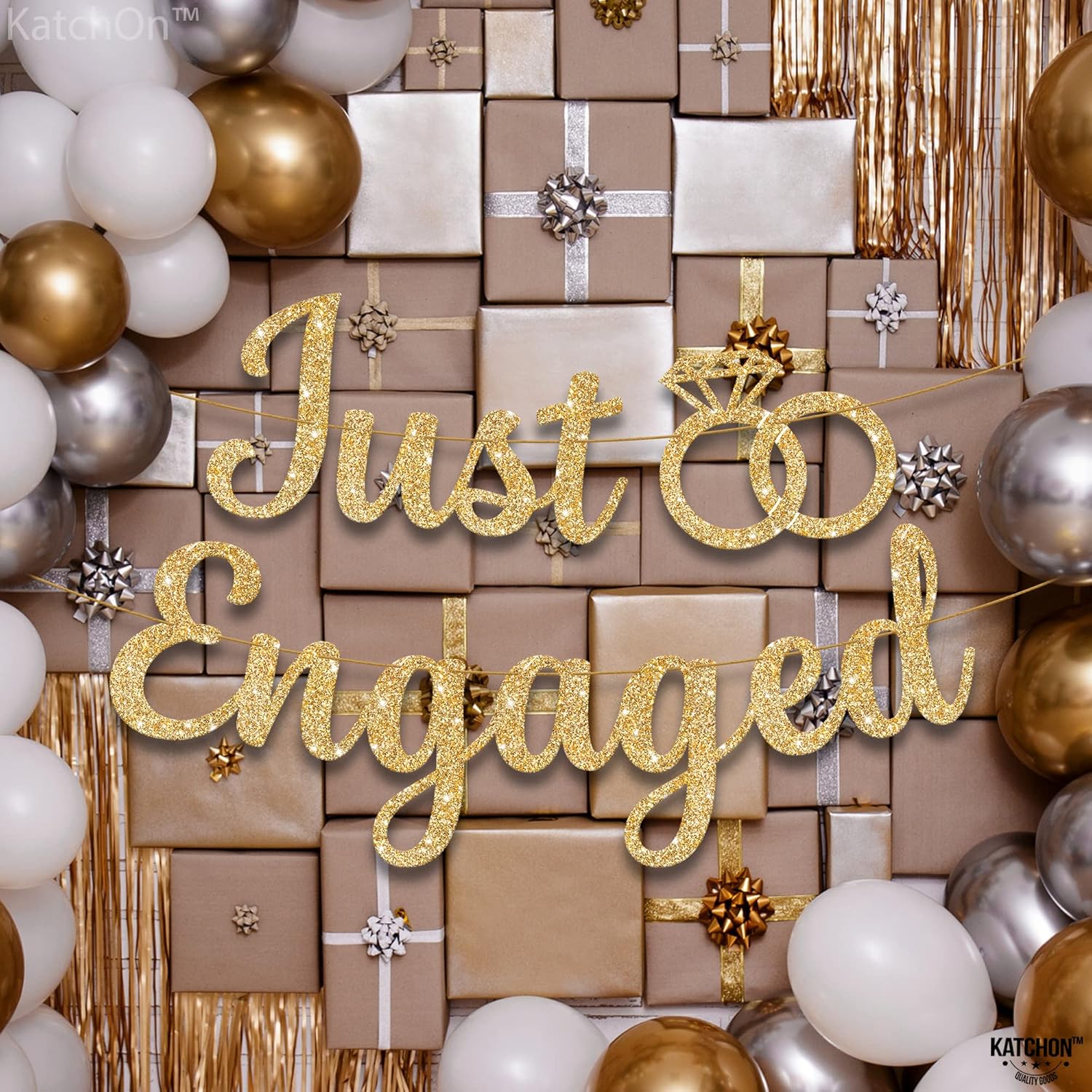 KatchOn, Glitter Gold Just Engaged Banner - 10 Feet, No DIY | Engagement Banner for Just Engaged Decorations | Engagement Party Decorations | Party Decorations