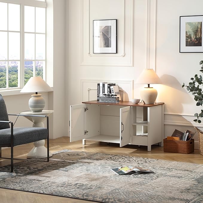 41.3'' Cat Litter Enclosure,Adjustable Shelf for Dog Proof and Storage,Locks Added for Cat, Litter Collector,Small Indoor Cat House,Antique White-PawvioPets