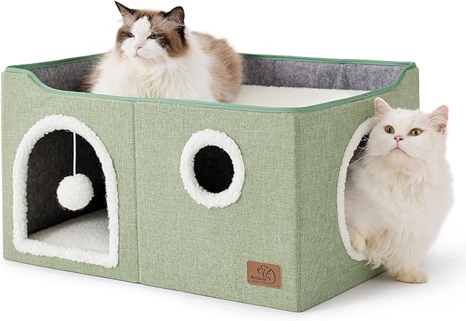 Bedsure Large Cat Beds for Indoor Cats - Extra Wide Cat Cube House for Small Pet with Fluffy Ball Hanging and Scratch Pad, Foldable Pet Cave Hideaway for Multiple Cats, 23.6x16.9x13 inches, Green-PawvioPets