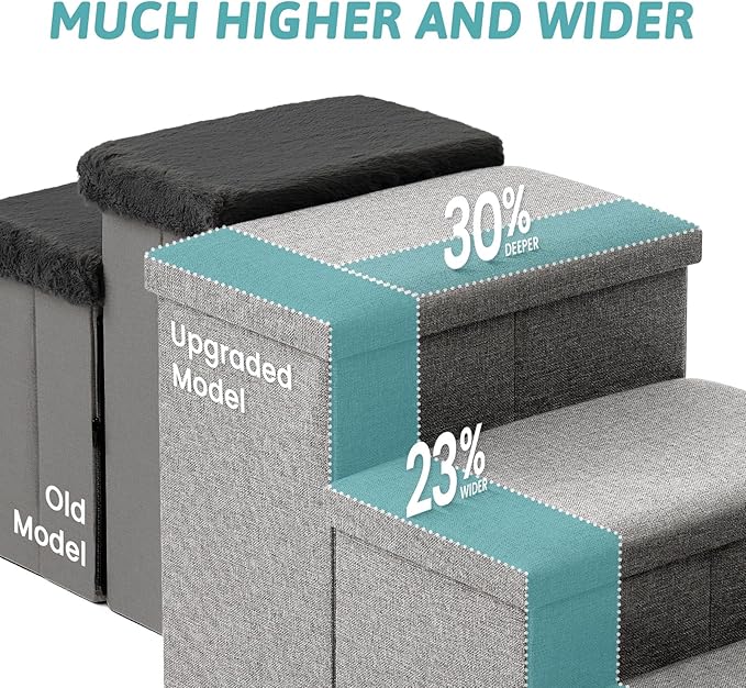 Dog Stairs with Storage, 4-Step Wider Sturdy Dog Steps for Small/Medium/Large Dogs and Older Cats, Folding Doggie Ramp for Bed/Couch/Car Hold Up to 180 lbs (22" H, Grey)-PawvioPets