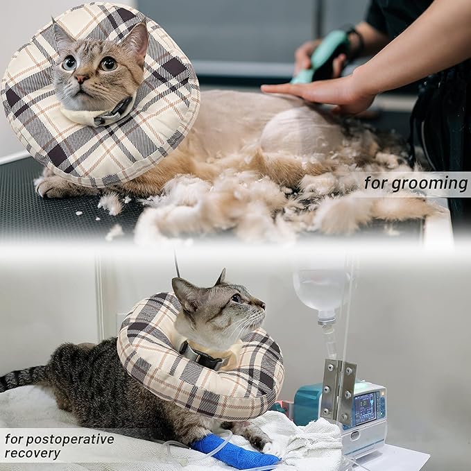 Cat Cone Collar Soft, Adjustable Plaid Elizabethan Cat Recovery Collar After Surgery to Prevent Licking & Scratching Wound, Fits Small Medium Large Cats, Puppy, Small Dogs-PawvioPets