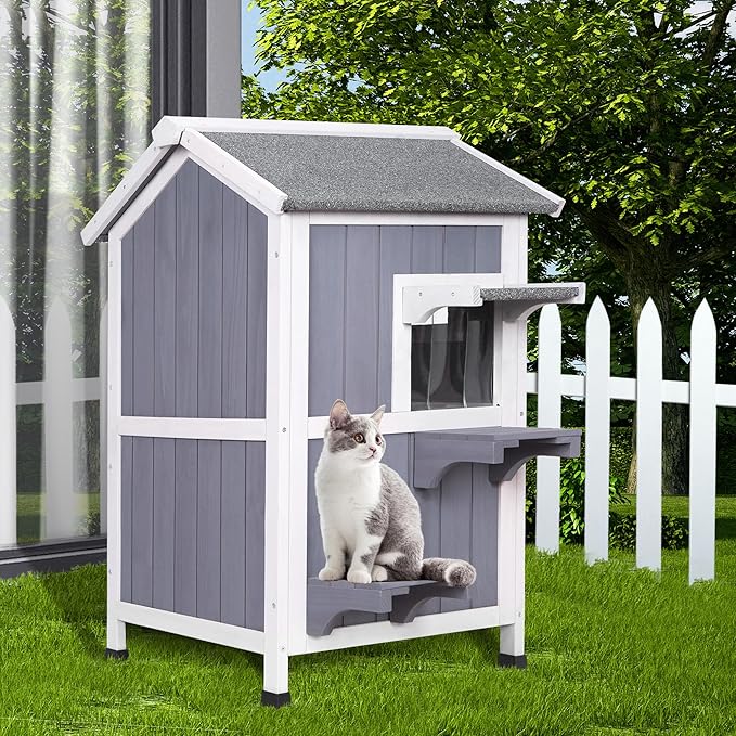 GEGURI Outdoor Cat House Weatherproof, Wooden Two-Story Feral Cat Shelter with Openable Roof, Escape Door, Balcony-PawvioPets