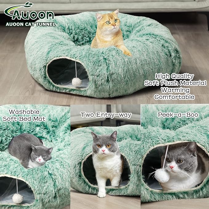 AUOON Cat Tunnel Bed for Indoor Cats - Circle Peekaboo Cat Cave with Washable Mat for Indoor Cats Kitten Kitty Puppy Rabbit Ferret (Green)-PawvioPets