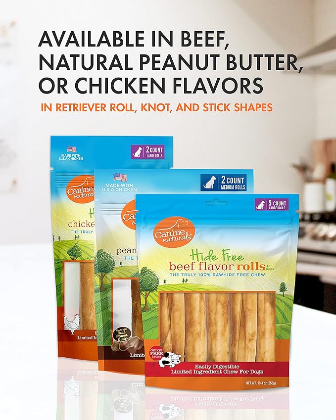 Canine Naturals Beef Chew - Rawhide Free Dog Treats - Made with Real Beef - Poultry Free Recipe - All-Natural and Easily Digestible - 5 Pack of 7 Inch Large Rolls for Dogs 50-75lb-PawvioPets