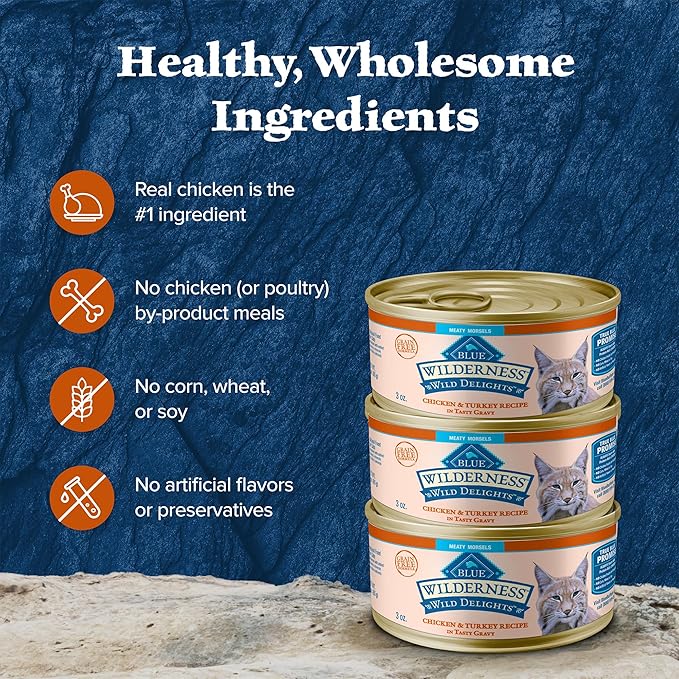Blue Buffalo Wilderness Wild Delights Meaty Morsels Wet Cat Food, High-Protein & Grain-Free, Made with Natural Ingredients, Chicken & Turkey Recipe in Tasty Gravy, 3-oz. Cans (24 Count)-PawvioPets