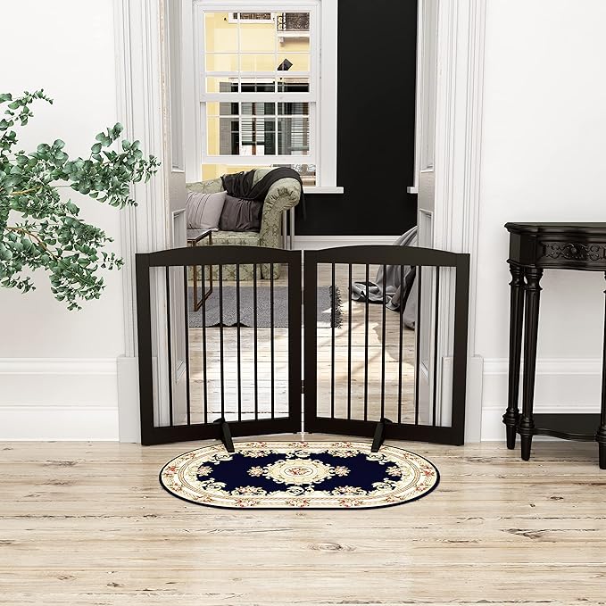 Freestanding Pet Gate for Dogs, Foldable Wooden Dog Gate for House, Indoor Pet Barrier for Stairs, Doorways, Support Feet Included, 24" Height 2 Panels, Brown-PawvioPets
