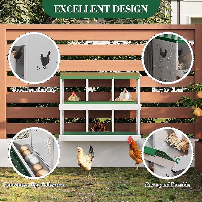 6 Hole Chicken Nesting Box with Roll Out Egg Tray, Rustproof & Ventilated Chicken Laying Boxes for Hens, Chickens, Ducks | Easy-Clean Poultry Coop Accessories-PawvioPets