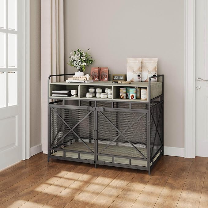 Dog Crate Furniture, 48" Heavy Duty Wooden Dog Crate End Table, XL Dog Kennel Furniture Large Breed, Decorative Dog Kennel Indoor with 3 Drawers & Steel Tubes 48" L x28 W x38 H (Grey)-PawvioPets