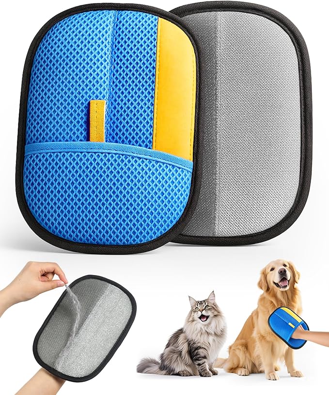 2025 Thickened Electrostatic Pet Hair Removal Gloves (2 Pcs) - Reusable Strong Grooming Gloves for Cats & Dogs, Hair Remover for Couch, Furniture, Carpet, Car Seats & Clothing (Blue)-PawvioPets