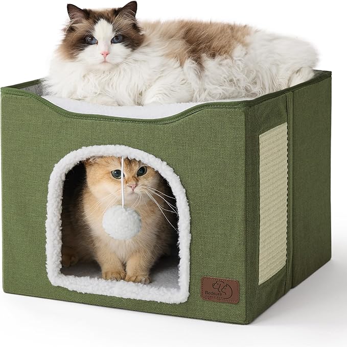 Bedsure Cat Beds for Indoor Cats - Large Cat Cave for Pet Cat House with Fluffy Ball Hanging and Scratch Pad, Foldable Cat Hideaway, 16.5x16.5x13 inches, Loden Green-PawvioPets