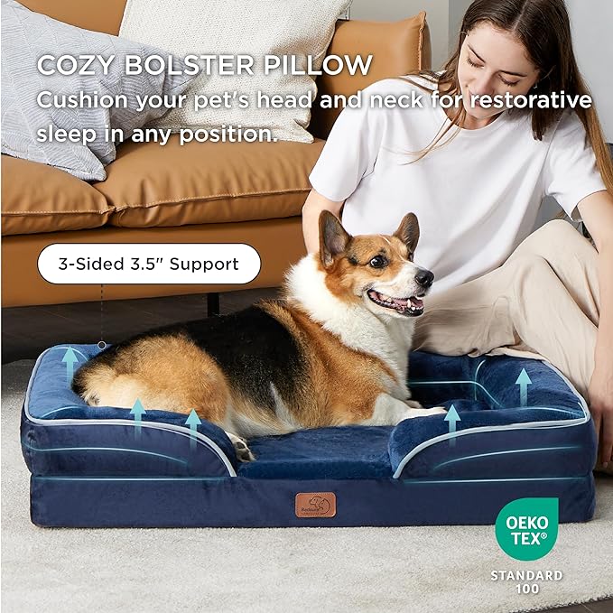 Bedsure Orthopedic Dog Beds Large Sized Dog - Washable Large Dog Cat Bed Waterproof, Comfort Dogs Couch Sofa with Washable Removable Cover, Pet Bed with Nonskid Bottom, Blue Navy, 35"-PawvioPets