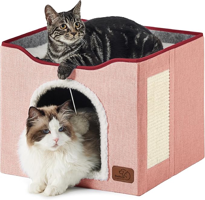 Bedsure Cat Beds for Indoor Cats - Large Cat Cave for Pet Cat House with Fluffy Ball Hanging and Scratch Pad, Foldable Cat Hideaway,16.5x16.5x13 inches, Pink-PawvioPets