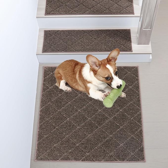 COSY HOMEER Edging Stair Treads Non-Slip Corner Indoor Stair Runners for Wooden Steps,Landing Slip Resistant Stair Rugs Mat for Kids and Dogs,100% Polyester TPE Backing,Brown,30x30 inch-PawvioPets