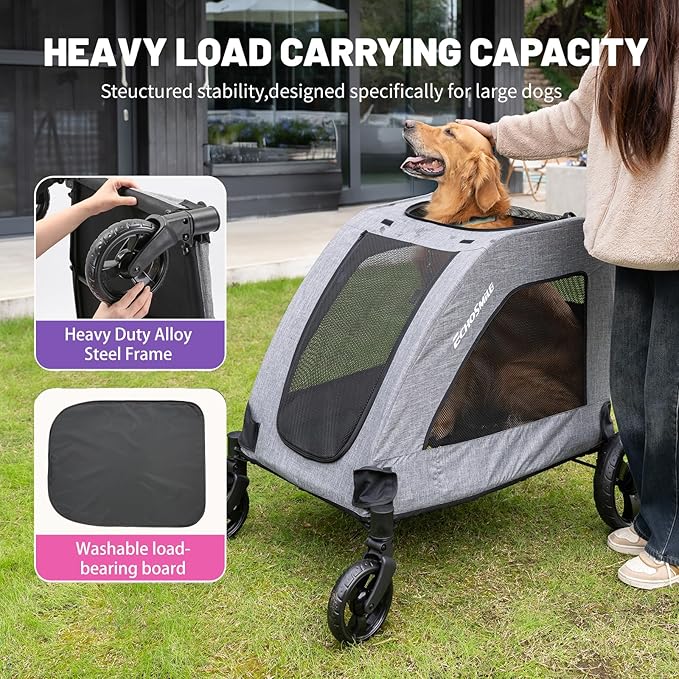 EchoSmile XL Extra Large Dog Stroller - Adjustable Handles,Lightweight Folding Pet Stroller,All-Terrain 4 Wheel for 2 Medium Dogs,Dual Entry Safety Dog Stroller,Capacity 160 lbs,Gray-PawvioPets