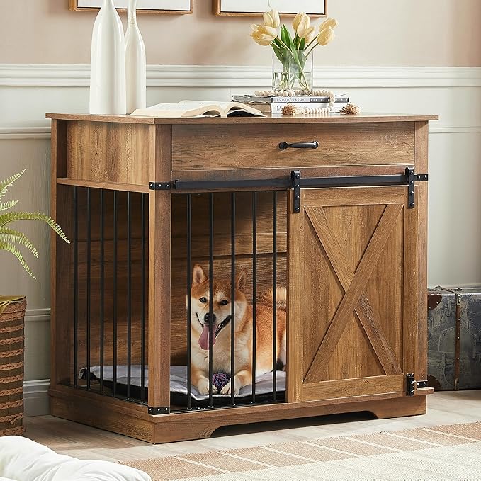 EDYO LIVING 38" Large Dog Crate Furniture with Sliding Barn Door, Wooden Dog Kennel with Drawer for Storage, Water Resistant Indoor Furniture Style Dog Crate for Small/Medium/Large Dog, Rustic Oak-PawvioPets