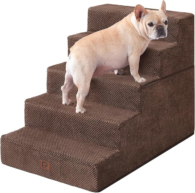 EHEYCIGA Dog Stairs for High Bed 25" H, 5-Step Extra Wide Dog Steps for Bed, Pet Steps for Small Dogs and Cats, Non-Slip Balanced Pet Ramp Indoor, Brown-PawvioPets