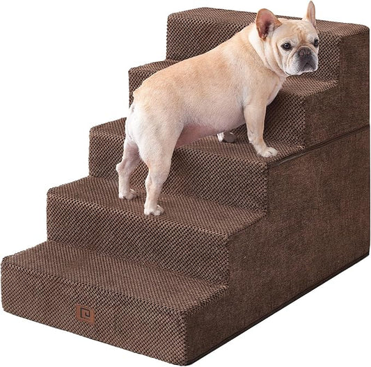 EHEYCIGA Dog Stairs for High Bed 25" H, 5-Step Extra Wide Dog Steps for Bed, Pet Steps for Small Dogs and Cats, Non-Slip Balanced Pet Ramp Indoor, Brown-PawvioPets