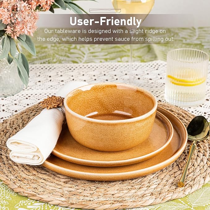 GBHOME Ceramic Dinnerware Sets for 4, 12 Pieces Stoneware Plates and Bowls Sets, Scratch Resistant Dishes, Dishwasher & Microwave Safe, Reactive Glaze-Amber-PawvioPets