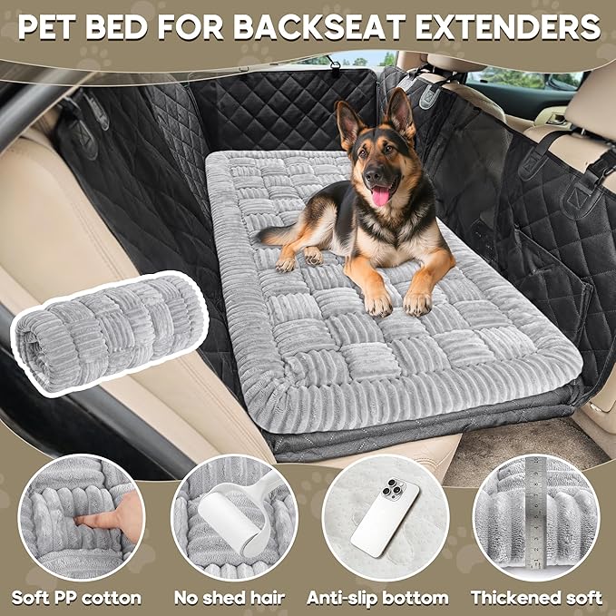 Dog Car Bed Mat, Non-Slip Backseat Extender Pet Blanket, Plaid Dog Bed for Trucks, Sedans & Large SUVs, Chew-Resistant Travel Pad for Dogs, Easy Clean & Scratch-Proof & Comfort（56"x28.7" Light Gray-PawvioPets