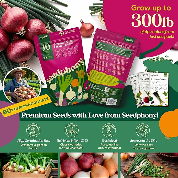 10 Gourmet Onion Seeds for Planting Variety Pack - 2,900+ Non-GMO Heirloom Vegetable Seeds for Growing Indoor & Outdoor: Red Burgundy, Leek, Walla Walla, Grano White & Yellow Sweet Spanish-PawvioPets