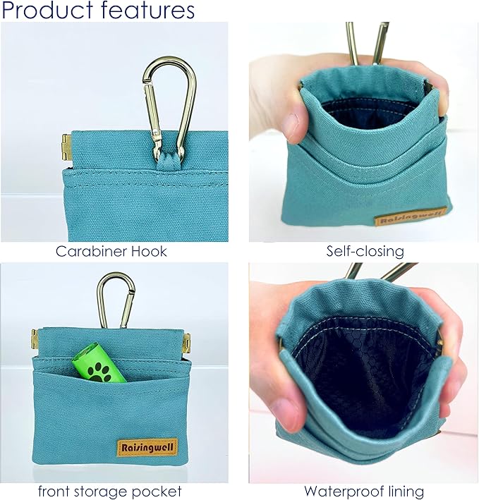 Dog Treat Pouch, Green Pocket Sized Pet Training Pouch, Cotton Fabric, Hand Free Dog Walking Bag with Carabiner, Self-Closing Pet Feed Snack Reward, for Puppy Travel or Outdoor Use-PawvioPets